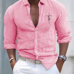 Discount OUKU Men's Shirt White Cotton Shirt Casual Shirt Cotton Shirt Cross Vacation Hawaiian Black White Pink Gray Long Sleeve Lapel Spring & Fall Clothing Apparel Button-Down