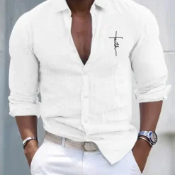 Discount OUKU Men's Shirt White Cotton Shirt Casual Shirt Cotton Shirt Cross Vacation Hawaiian Black White Pink Gray Long Sleeve Lapel Spring & Fall Clothing Apparel Button-Down