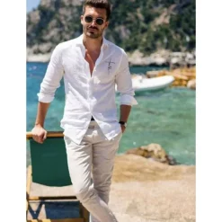 Discount OUKU Men's Shirt White Cotton Shirt Casual Shirt Cotton Shirt Cross Vacation Hawaiian Black White Pink Gray Long Sleeve Lapel Spring & Fall Clothing Apparel Button-Down