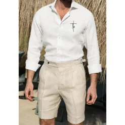 Discount OUKU Men's Shirt White Cotton Shirt Casual Shirt Cotton Shirt Cross Vacation Hawaiian Black White Pink Gray Long Sleeve Lapel Spring & Fall Clothing Apparel Button-Down