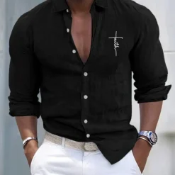 Discount OUKU Men's Shirt White Cotton Shirt Casual Shirt Cotton Shirt Cross Vacation Hawaiian Black White Pink Gray Long Sleeve Lapel Spring & Fall Clothing Apparel Button-Down