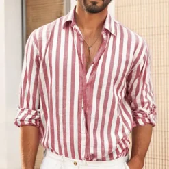 Outlet OUKU Men's Shirt White Cotton Shirt Casual Shirt Cotton Linen Shirt Striped Shirts Stripe Vacation Hawaiian Black Pink Red Navy Blue Long Sleeve Turndown Spring & Fall Clothing Apparel Button-Down
