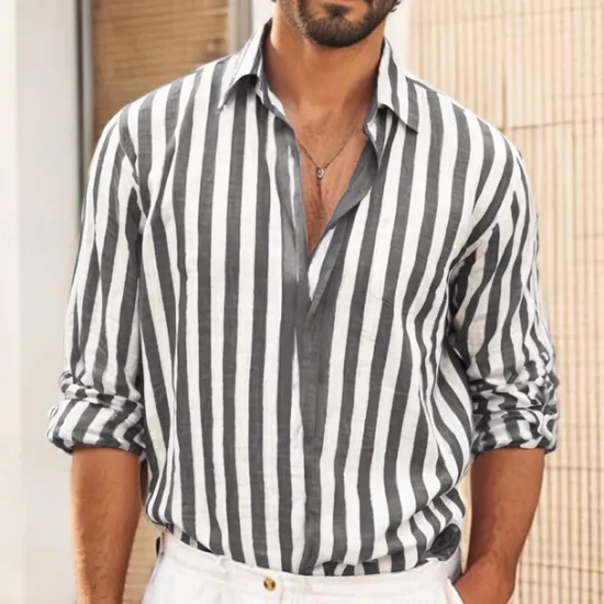 Outlet OUKU Men's Shirt White Cotton Shirt Casual Shirt Cotton Linen Shirt Striped Shirts Stripe Vacation Hawaiian Black Pink Red Navy Blue Long Sleeve Turndown Spring & Fall Clothing Apparel Button-Down
