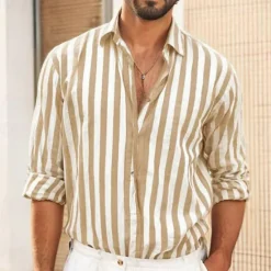 Outlet OUKU Men's Shirt White Cotton Shirt Casual Shirt Cotton Linen Shirt Striped Shirts Stripe Vacation Hawaiian Black Pink Red Navy Blue Long Sleeve Turndown Spring & Fall Clothing Apparel Button-Down