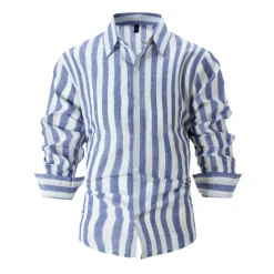 Outlet OUKU Men's Shirt White Cotton Shirt Casual Shirt Cotton Linen Shirt Striped Shirts Stripe Vacation Hawaiian Black Pink Red Navy Blue Long Sleeve Turndown Spring & Fall Clothing Apparel Button-Down