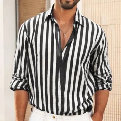 Outlet OUKU Men's Shirt White Cotton Shirt Casual Shirt Cotton Linen Shirt Striped Shirts Stripe Vacation Hawaiian Black Pink Red Navy Blue Long Sleeve Turndown Spring & Fall Clothing Apparel Button-Down