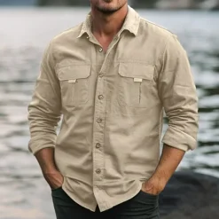 Hot OUKU Men's Shirt Work Shirt Button Up Shirt Cargo Shirt Black Green khaki Light Grey Long Sleeve Plain Lapel Vacation Holiday Front Pocket Clothing Apparel Fashion Casual Comfortable