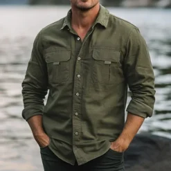 Hot OUKU Men's Shirt Work Shirt Button Up Shirt Cargo Shirt Black Green khaki Light Grey Long Sleeve Plain Lapel Vacation Holiday Front Pocket Clothing Apparel Fashion Casual Comfortable