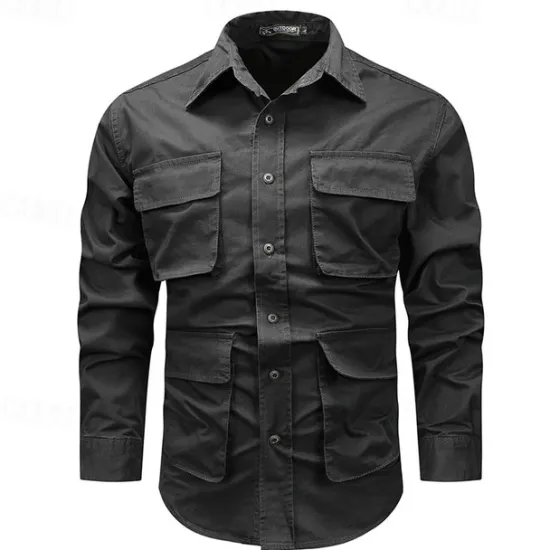 Sale OUKU Men's Shirt Workwear Shirts Casual Shirt Work Shirt Button Up Shirt Cargo Shirt Black khaki Army Green Long Sleeve Plain Turndown Vacation Holiday Front Pocket Clothing Apparel Fashion Casual