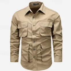 Sale OUKU Men's Shirt Workwear Shirts Casual Shirt Work Shirt Button Up Shirt Cargo Shirt Black khaki Army Green Long Sleeve Plain Turndown Vacation Holiday Front Pocket Clothing Apparel Fashion Casual