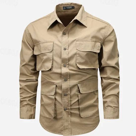 Sale OUKU Men's Shirt Workwear Shirts Casual Shirt Work Shirt Button Up Shirt Cargo Shirt Black khaki Army Green Long Sleeve Plain Turndown Vacation Holiday Front Pocket Clothing Apparel Fashion Casual
