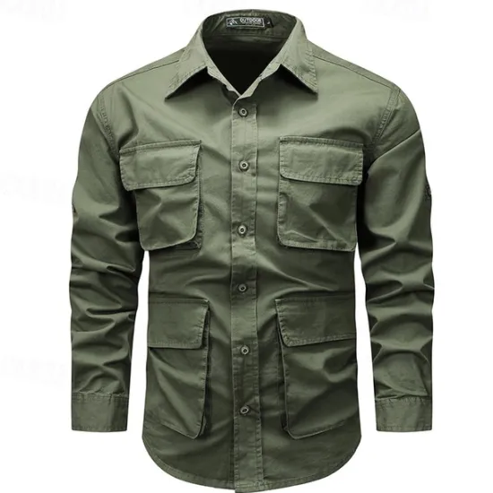 Sale OUKU Men's Shirt Workwear Shirts Casual Shirt Work Shirt Button Up Shirt Cargo Shirt Black khaki Army Green Long Sleeve Plain Turndown Vacation Holiday Front Pocket Clothing Apparel Fashion Casual