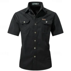 OUKU Men's Shirt Workwear Shirts Casual Shirt Work Shirt Button Up Shirt Black Blue khaki Army Green Gray Short Sleeve Plain Lapel Vacation Holiday Pocket Clothing Apparel 100% Cotton Fashion Casual