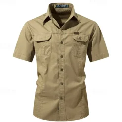 OUKU Men's Shirt Workwear Shirts Casual Shirt Work Shirt Button Up Shirt Black Blue khaki Army Green Gray Short Sleeve Plain Lapel Vacation Holiday Pocket Clothing Apparel 100% Cotton Fashion Casual