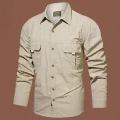 Sale OUKU Men's Shirt Workwear Shirts Casual Shirt Work Shirt Button Up Shirt Cargo Shirt Black khaki Army Green Gray Long Sleeve Plain Lapel Vacation Holiday Front Pocket Clothing Apparel Polyester Fashion