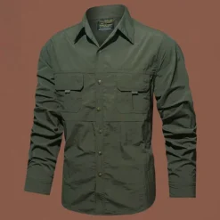 Sale OUKU Men's Shirt Workwear Shirts Casual Shirt Work Shirt Button Up Shirt Cargo Shirt Black khaki Army Green Gray Long Sleeve Plain Lapel Vacation Holiday Front Pocket Clothing Apparel Polyester Fashion