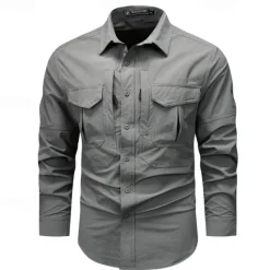 Hot OUKU Men's Shirt Workwear Shirts Work Shirt Button Up Shirt Cargo Shirt Black khaki Army Green Gray Long Sleeve Plain Turndown Vacation Holiday Front Pocket Clothing Apparel Fashion Casual Comfortable
