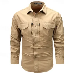 Hot OUKU Men's Shirt Workwear Shirts Work Shirt Button Up Shirt Cargo Shirt Black khaki Army Green Gray Long Sleeve Plain Turndown Vacation Holiday Front Pocket Clothing Apparel Fashion Casual Comfortable