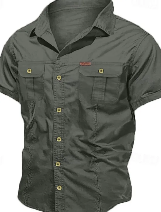 Hot OUKU Men's Shirt Workwear Shirts Casual Shirt Work Shirt Button Up Shirt Cargo Shirt Black Navy Blue khaki Army Green Beige Short Sleeve Plain Turndown Vacation Going out Button-Down Clothing Apparel 100
