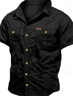 Hot OUKU Men's Shirt Workwear Shirts Casual Shirt Work Shirt Button Up Shirt Cargo Shirt Black Navy Blue khaki Army Green Beige Short Sleeve Plain Turndown Vacation Going out Button-Down Clothing Apparel 100