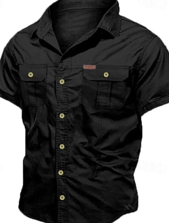 Hot OUKU Men's Shirt Workwear Shirts Casual Shirt Work Shirt Button Up Shirt Cargo Shirt Black Navy Blue khaki Army Green Beige Short Sleeve Plain Turndown Vacation Going out Button-Down Clothing Apparel 100
