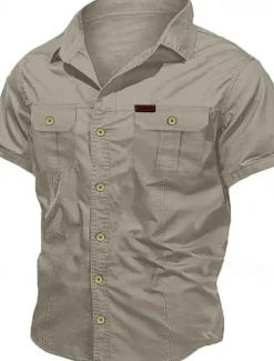 Hot OUKU Men's Shirt Workwear Shirts Casual Shirt Work Shirt Button Up Shirt Cargo Shirt Black Navy Blue khaki Army Green Beige Short Sleeve Plain Turndown Vacation Going out Button-Down Clothing Apparel 100