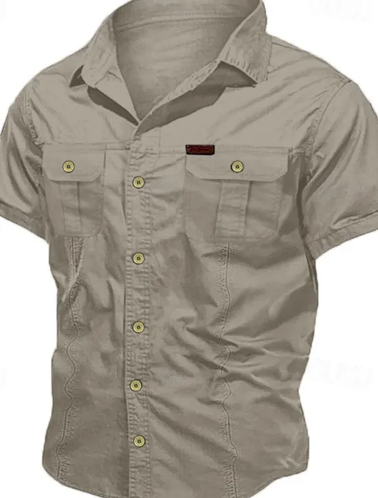Hot OUKU Men's Shirt Workwear Shirts Casual Shirt Work Shirt Button Up Shirt Cargo Shirt Black Navy Blue khaki Army Green Beige Short Sleeve Plain Turndown Vacation Going out Button-Down Clothing Apparel 100