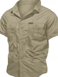 Hot OUKU Men's Shirt Workwear Shirts Casual Shirt Work Shirt Button Up Shirt Cargo Shirt Black Navy Blue khaki Army Green Beige Short Sleeve Plain Turndown Vacation Going out Button-Down Clothing Apparel 100