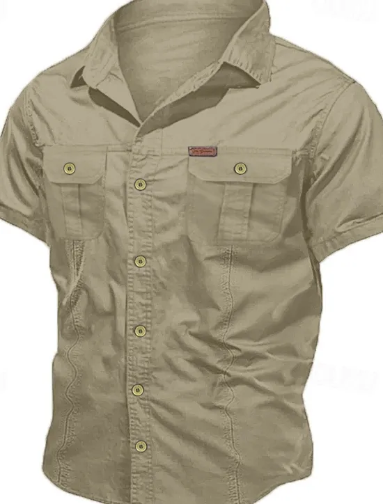 Hot OUKU Men's Shirt Workwear Shirts Casual Shirt Work Shirt Button Up Shirt Cargo Shirt Black Navy Blue khaki Army Green Beige Short Sleeve Plain Turndown Vacation Going out Button-Down Clothing Apparel 100