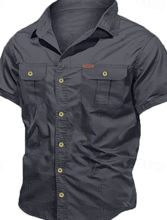 Hot OUKU Men's Shirt Workwear Shirts Casual Shirt Work Shirt Button Up Shirt Cargo Shirt Black Navy Blue khaki Army Green Beige Short Sleeve Plain Turndown Vacation Going out Button-Down Clothing Apparel 100