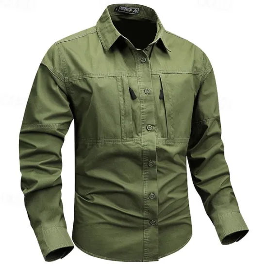Online OUKU Men's Shirt Workwear Shirts Casual Shirt Work Shirt Button Up Shirt Cargo Shirt Black khaki Army Green Gray Long Sleeve Plain Turndown Vacation Holiday Front Pocket Clothing Apparel Fashion Casual