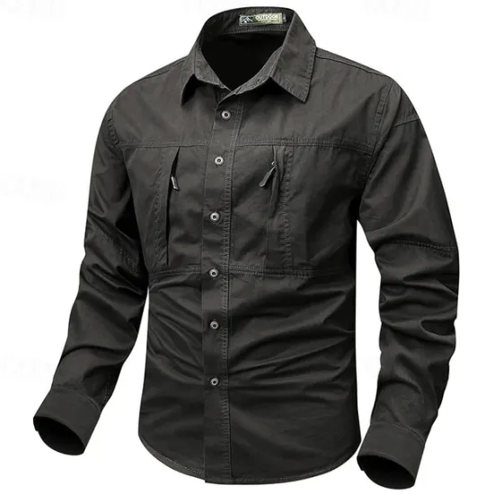 Online OUKU Men's Shirt Workwear Shirts Casual Shirt Work Shirt Button Up Shirt Cargo Shirt Black khaki Army Green Gray Long Sleeve Plain Turndown Vacation Holiday Front Pocket Clothing Apparel Fashion Casual