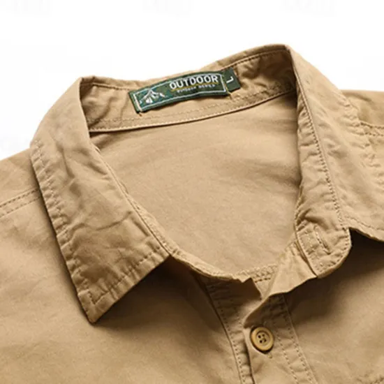 Online OUKU Men's Shirt Workwear Shirts Casual Shirt Work Shirt Button Up Shirt Cargo Shirt Black khaki Army Green Gray Long Sleeve Plain Turndown Vacation Holiday Front Pocket Clothing Apparel Fashion Casual