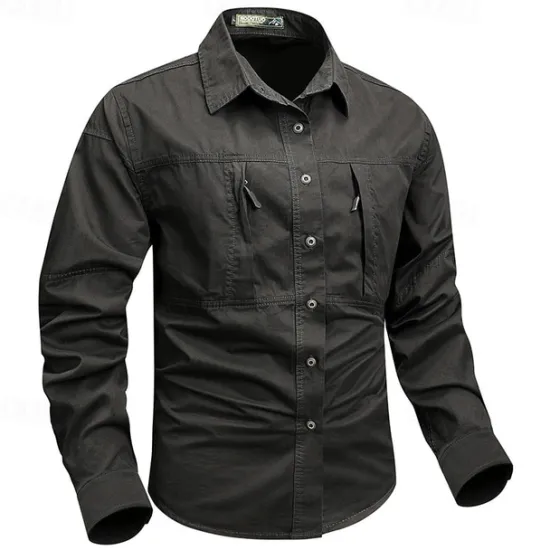 Online OUKU Men's Shirt Workwear Shirts Casual Shirt Work Shirt Button Up Shirt Cargo Shirt Black khaki Army Green Gray Long Sleeve Plain Turndown Vacation Holiday Front Pocket Clothing Apparel Fashion Casual