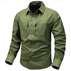 Online OUKU Men's Shirt Workwear Shirts Casual Shirt Work Shirt Button Up Shirt Cargo Shirt Black khaki Army Green Gray Long Sleeve Plain Turndown Vacation Holiday Front Pocket Clothing Apparel Fashion Casual