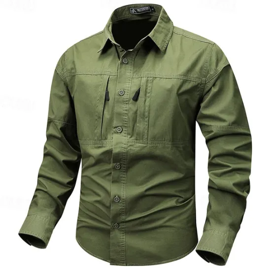 Online OUKU Men's Shirt Workwear Shirts Casual Shirt Work Shirt Button Up Shirt Cargo Shirt Black khaki Army Green Gray Long Sleeve Plain Turndown Vacation Holiday Front Pocket Clothing Apparel Fashion Casual