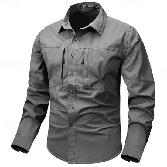 Online OUKU Men's Shirt Workwear Shirts Casual Shirt Work Shirt Button Up Shirt Cargo Shirt Black khaki Army Green Gray Long Sleeve Plain Turndown Vacation Holiday Front Pocket Clothing Apparel Fashion Casual