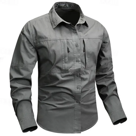 Online OUKU Men's Shirt Workwear Shirts Casual Shirt Work Shirt Button Up Shirt Cargo Shirt Black khaki Army Green Gray Long Sleeve Plain Turndown Vacation Holiday Front Pocket Clothing Apparel Fashion Casual