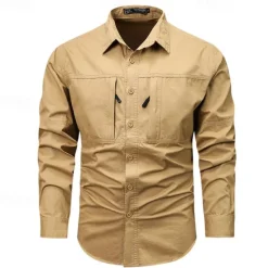 Online OUKU Men's Shirt Workwear Shirts Casual Shirt Work Shirt Button Up Shirt Cargo Shirt Black khaki Army Green Gray Long Sleeve Plain Turndown Vacation Holiday Front Pocket Clothing Apparel Fashion Casual