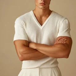Sale OUKU Men's Short Sleeve Shirt Ribbed Knit tee Tee Top Short Sleeve V Neck Summer Fall Winter Solid Color Pit Strip Sports Daily Classic Style Outdoor Casual Light Blue Black White Top Tee for Men
