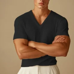 Sale OUKU Men's Short Sleeve Shirt Ribbed Knit tee Tee Top Short Sleeve V Neck Summer Fall Winter Solid Color Pit Strip Sports Daily Classic Style Outdoor Casual Light Blue Black White Top Tee for Men