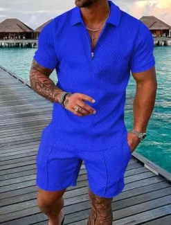 Sale OUKU Men's Shorts and T Shirt Set Zip Polo Golf Shirt Turndown Streetwear Sportswear Casual Short Sleeve Black Yellow Pink Red Navy Blue Blue Waves Geometry Turndown Zip Going out Zipper Clothing Clothes