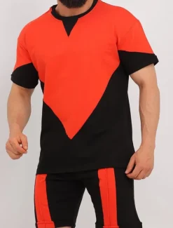 Best OUKU Men's Shorts and T Shirt Set Short Sleeves Crew Neck Summer Color Block Stylish Modern Contemporary Comfortable 2 Piece Vacation Casual Daily Black White Red Top Tee for Men