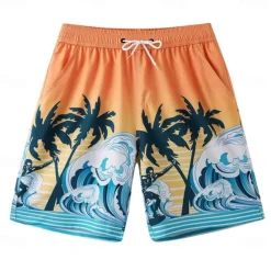 Discount OUKU Men's Shorts Beach Shorts Pocket Drawstring Elastic Waist Graphic Leaf Tree Breathable Quick Dry Knee Length Outdoor Vacation Home Vacation Ethnic Style Lake blue Dark Blue / Red Micro-elastic