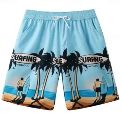Discount OUKU Men's Shorts Beach Shorts Pocket Drawstring Elastic Waist Graphic Leaf Tree Breathable Quick Dry Knee Length Outdoor Vacation Home Vacation Ethnic Style Lake blue Dark Blue / Red Micro-elastic
