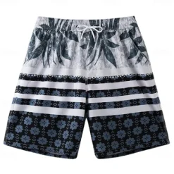 Discount OUKU Men's Shorts Beach Shorts Pocket Drawstring Elastic Waist Graphic Leaf Tree Breathable Quick Dry Knee Length Outdoor Vacation Home Vacation Ethnic Style Lake blue Dark Blue / Red Micro-elastic