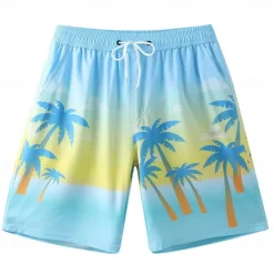 Discount OUKU Men's Shorts Beach Shorts Pocket Drawstring Elastic Waist Graphic Leaf Tree Breathable Quick Dry Knee Length Outdoor Vacation Home Vacation Ethnic Style Lake blue Dark Blue / Red Micro-elastic
