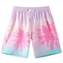 Discount OUKU Men's Shorts Beach Shorts Pocket Drawstring Elastic Waist Graphic Leaf Tree Breathable Quick Dry Knee Length Outdoor Vacation Home Vacation Ethnic Style Lake blue Dark Blue / Red Micro-elastic
