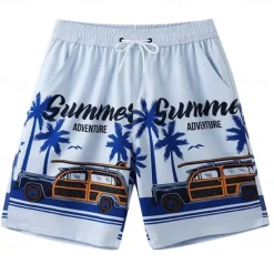 Discount OUKU Men's Shorts Beach Shorts Pocket Drawstring Elastic Waist Graphic Leaf Tree Breathable Quick Dry Knee Length Outdoor Vacation Home Vacation Ethnic Style Lake blue Dark Blue / Red Micro-elastic