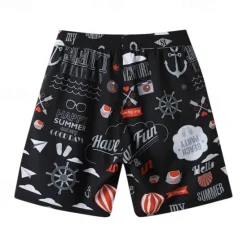 OUKU Men's Shorts Beach Shorts Drawstring Graphic Letter Abstract Breathable Quick Dry Knee Length Outdoor Vacation Home Vacation Ethnic Style Lake blue White & Blue Stretchy